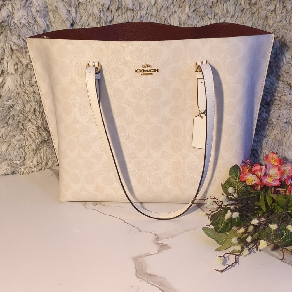 Coach White Classic Tote with Leather Accents